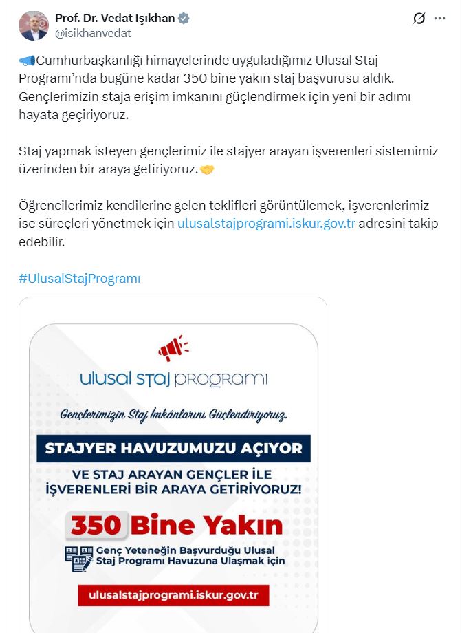 Bakan Işıkhan: Staj yapmak isteyenler ile stajyer arayan işverenleri bir araya getiriyoruz